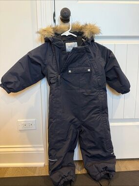 Wheat Navy Puffer Snowsuit with Faux Fur Hood - Kids